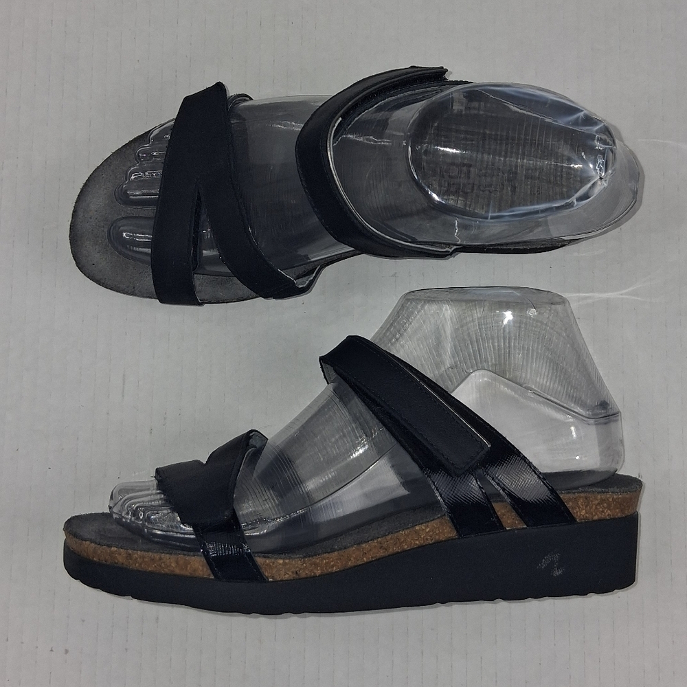 Naot Sabatini Black Leather Cork Wedge Sandals